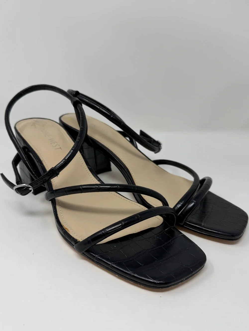Women’s Nine West Black Croc-Embossed Strappy Block Heels